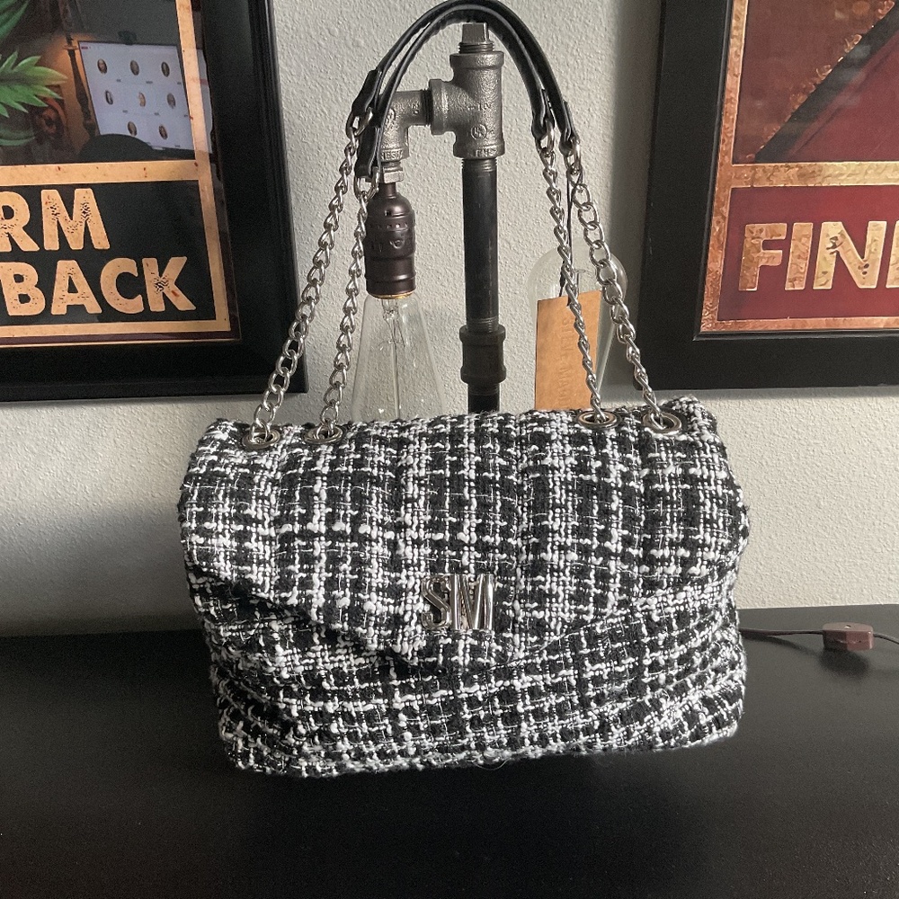 NWT black and white tweed shoulder bag by Steve Madden